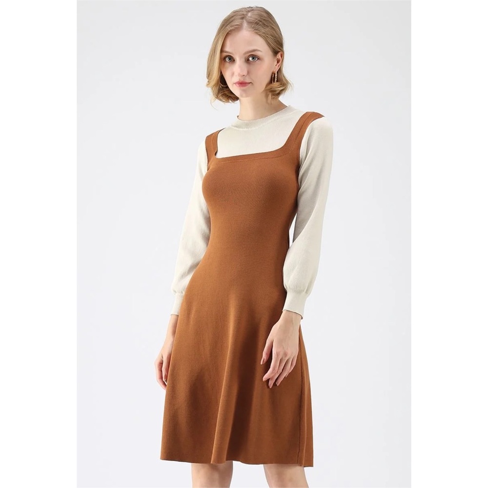 Fake Two-Piece Knit Dress in Caramel